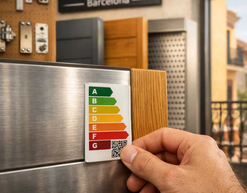 Cerca de una etiqueta de eficiencia energética en una puerta de garaje, muestra un showroom en Barcelona.