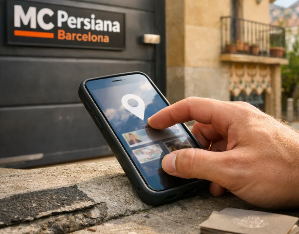 Primer plano de una mano sosteniendo un smartphone, buscando "Donde puedo contratar la instalacion de puertas de garaje en Barcelona".