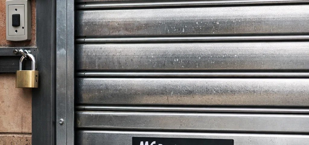 Primer plano de persiana metálica instalada en Barcelona; guía, lamas y cierre inferior. Que persianas metalicas ofrecen la mejor relacion calidad precio en Barcelona