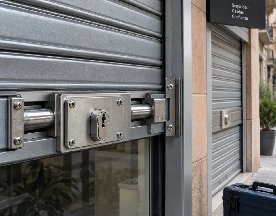 Primer plano de persiana reforzada con cilindro europeo y pernos laterales junto a otra mu00e1s simple; Que tipo de cerraduras para persianas ofrece mas seguridad